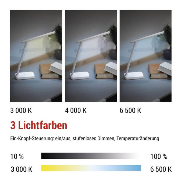 Emos LED Schreibtischleuchte 6W CCT warm-/tageslichtweiss 3000K/6500K Akku Weiß 25x24cm Z7631