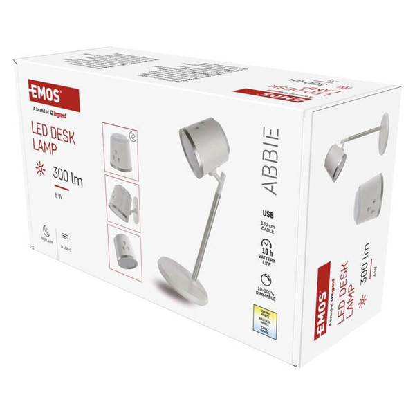 Emos LED Schreibtischleuchte 6W CCT warm-/neutral-/tageslichtweiss 3000K/4000K/6500K Akku Weiß Aluminium 25x10cm Z7636W