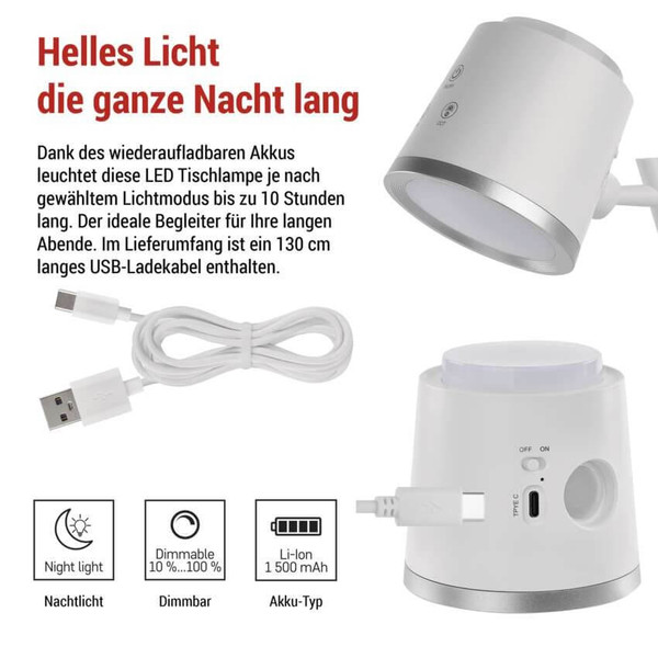 Emos LED Schreibtischleuchte 6W CCT warm-/neutral-/tageslichtweiss 3000K/4000K/6500K Akku Weiß Aluminium 25x10cm Z7636W