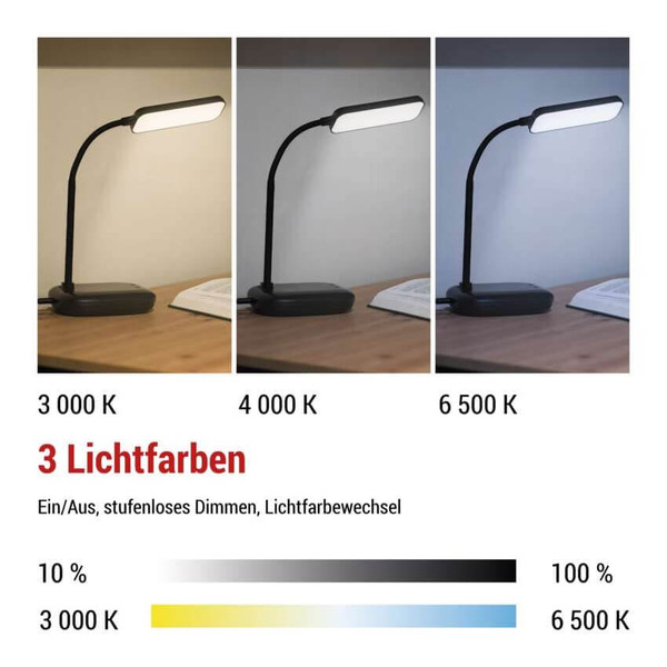 Emos LED Schreibtischleuchte 12W CCT warm-/neutral-/tageslichtweiss 3000K/4000K/6500K Schwarz 30cm Z7638B