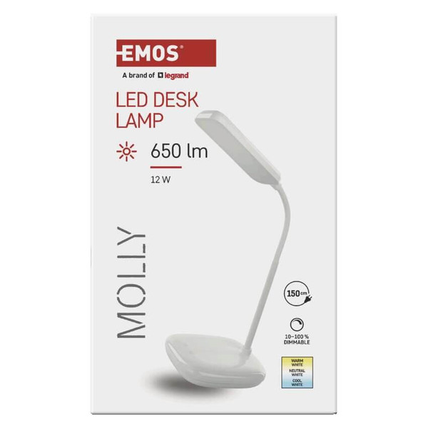 Emos LED Schreibtischleuchte 12W CCT warm-/neutral-/tageslichtweiss 3000K/4000K/6500K Weiß 30cm Z7638W
