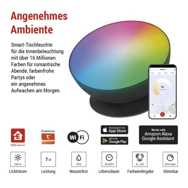 Emos LED Tischleuchte GoSmart RGB 7W CCT warm-/tageslichtweiss 3000K/6500K WiFi Schwarz ZCW11BR