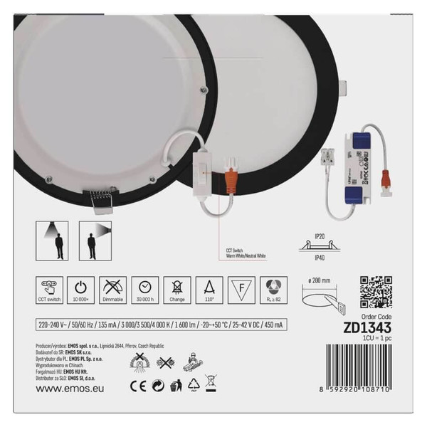 Emos LED Einbaustrahler Nexxo 18W CCT warm-/neutralweiss 3000K/3500K/4000K Schwarz Aluminium Ø22,5cm ZD1343
