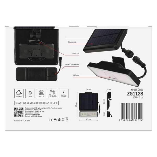 Emos LED Solar-Fluter Sunno 1300lm neutralweiss 4000K Bewegungsmelder Akku IP54 Schwarz 18x18cm ZG112S