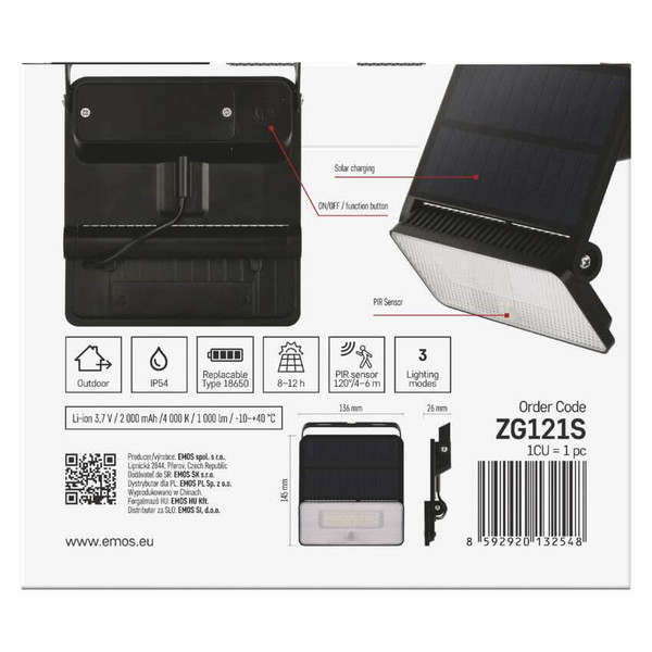 Emos LED Solar-Fluter Solo 1000lm neutralweiss 4000K Bewegungsmelder Akku IP54 Schwarz 14,5x14cm ZG121S