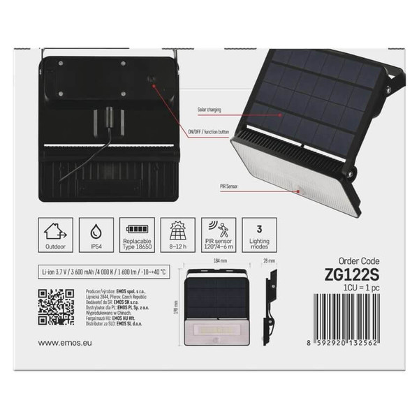 Emos LED Solar-Fluter Solo 1600lm neutralweiss 4000K Bewegungsmelder Akku IP54 Schwarz 19x18cm ZG122S