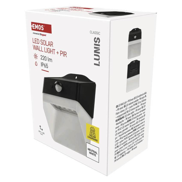 Emos LED Solar-Fluter Lunis 220lm neutralweiss 4000K Bewegungsmelder Akku IP65 Schwarz 14x10cm ZG151S