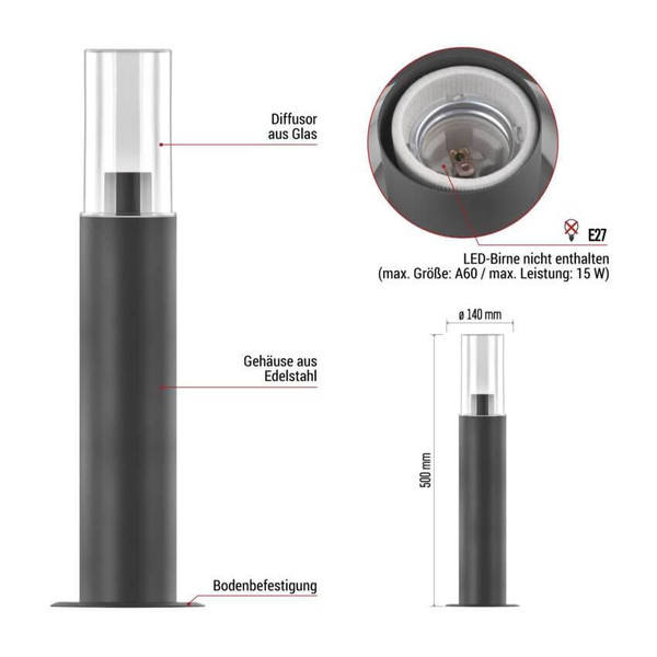 Emos LED Wegeleuchte Zala IP44 Anthrazit Edelstahl 14x14cm ZGC0A0P