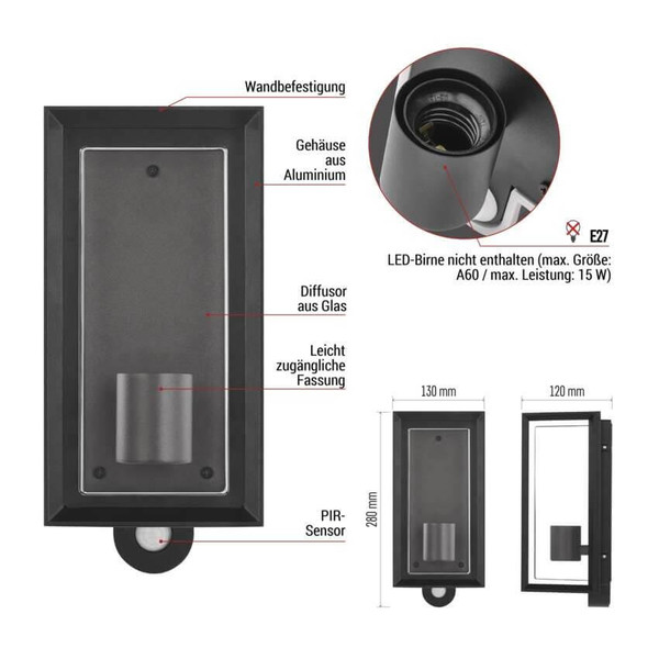 Emos LED Gartenstrahler Malva Bewegungsmelder IP44 Schwarz Aluminium 13x12,5cm ZGH040P