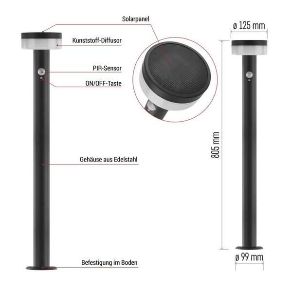 Emos LED Solar-Wegeleuchte Terion 2W warmweiss 3000K Bewegungsmelder Akku IP44 Anthrazit Edelstahl 12,5x12,5cm ZGJ0F4S
