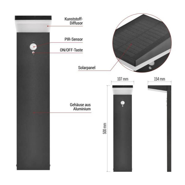 Emos LED Solar-Wegeleuchte Verea 4,4W warmweiss 3000K Bewegungsmelder Akku IP44 Schwarz Aluminium 15x11cm ZGK0B4S