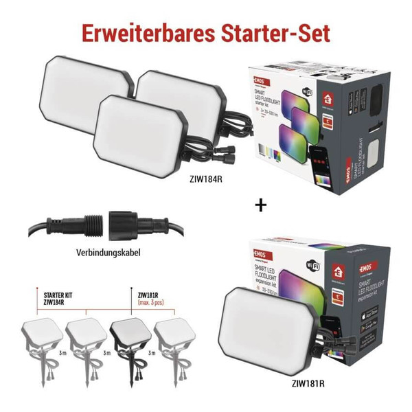 Emos LED Außenstrahler Set GoSmart Erweiterungsset RGBIC 4W CCT warm-/tageslichtweiss 3000K/6500K dimmbar WiFi IP65 Schwarz ZIW181R