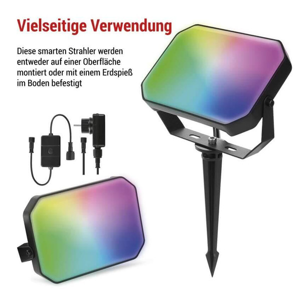 Emos LED Außenstrahler Set GoSmart Starter-Set RGBIC 3-teilig 14W CCT warm-/tageslichtweiss 3000K/6500K dimmbar WiFi IP65 Schwarz ZIW184R