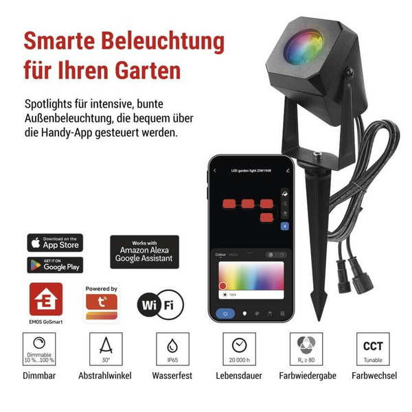 Emos LED Außenstrahler Set GoSmart Erweiterungsset RGBIC 1,5W CCT warm-/tageslichtweiss 3000K/6500K dimmbar WiFi IP65 Schwarz ZIW191R