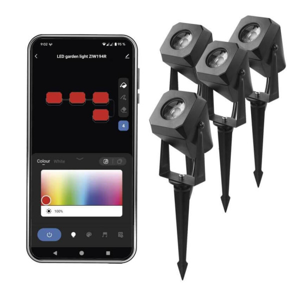 Emos LED Außenstrahler Set GoSmart Starter-Set RGBIC 4-teilig 7W CCT warm-/tageslichtweiss 3000K/6500K dimmbar WiFi IP65 Schwarz ZIW194R
