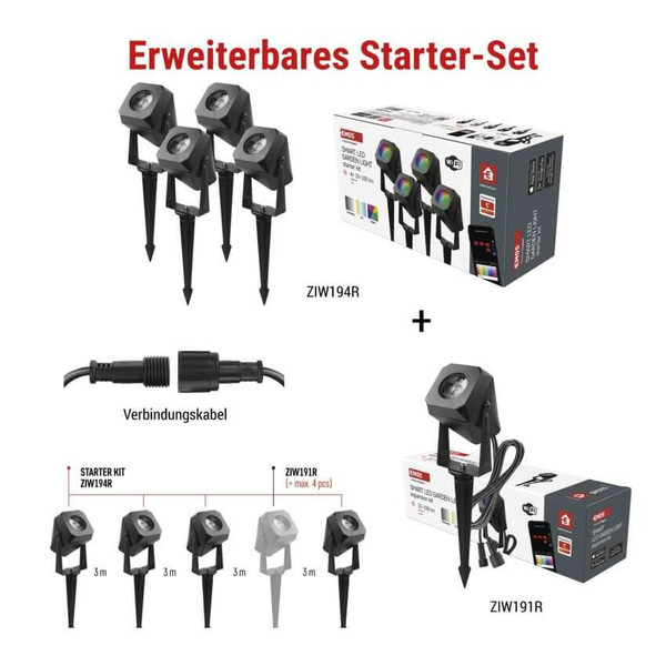 Emos LED Außenstrahler Set GoSmart Starter-Set RGBIC 4-teilig 7W CCT warm-/tageslichtweiss 3000K/6500K dimmbar WiFi IP65 Schwarz ZIW194R