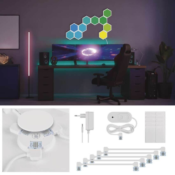 Emos LED Leuchtenset GoSmart Hexagon Starter-Set RGBIC 10-teilig 19W dimmbar WiFi Weiß ZIW22AR