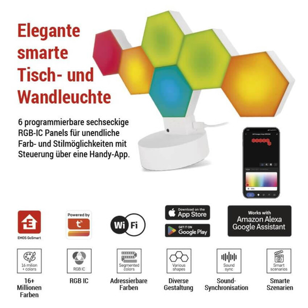Emos LED Tischleuchte GoSmart Hexagon RGBIC 6-teilig 5,5W dimmbar WiFi Weiß ZIW426R