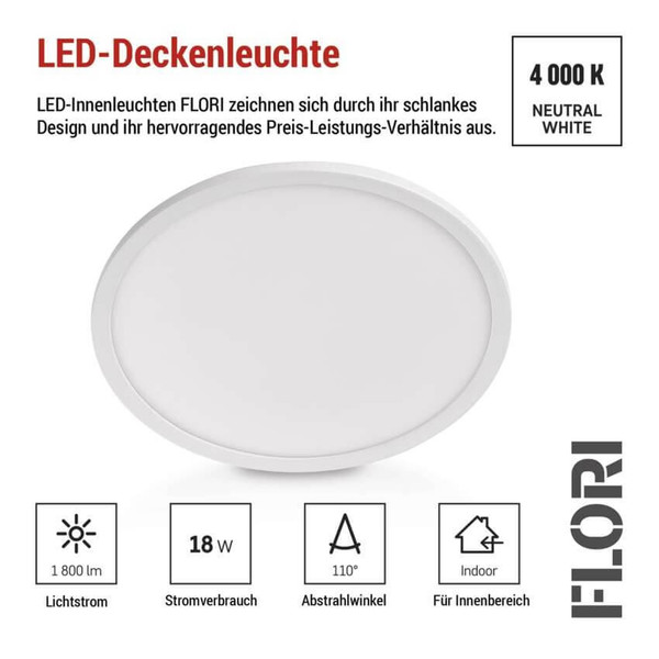 Emos LED Anbauleuchte, Deckenleuchte Flori 18W neutralweiss 4000K Weiß Ø29cm ZM1400