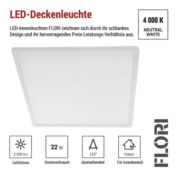 Emos LED Anbauleuchte, Deckenleuchte Flori 22W neutralweiss 4000K Weiß 42x42cm ZM1403