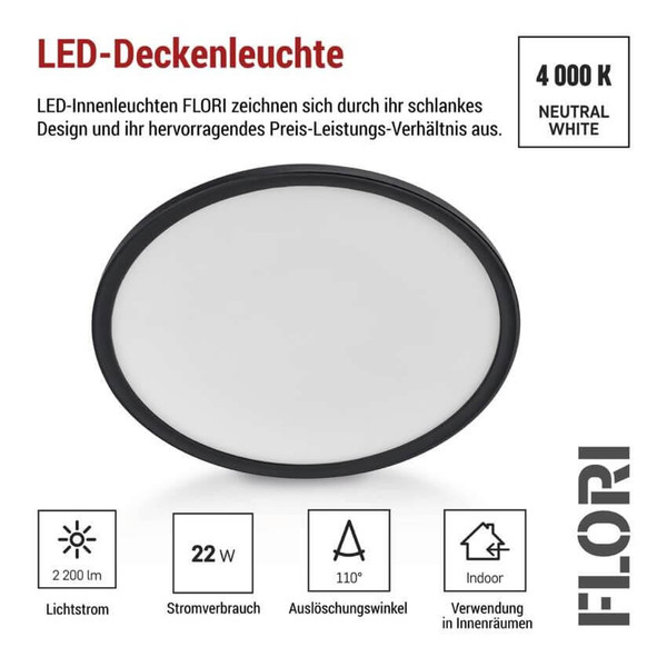 Emos LED Anbauleuchte, Deckenleuchte Flori 22W neutralweiss 4000K Schwarz Ø42cm ZM1405