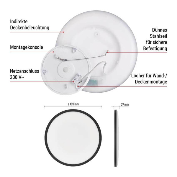 Emos LED Anbauleuchte, Deckenleuchte Flori 22W neutralweiss 4000K Schwarz Ø42cm ZM1405