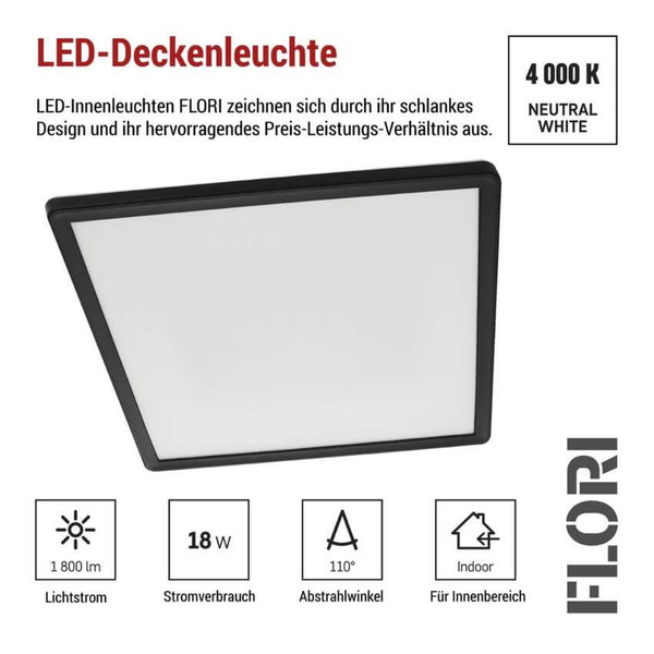Emos LED Anbauleuchte, Deckenleuchte Flori 18W neutralweiss 4000K Schwarz 29x29cm ZM1406