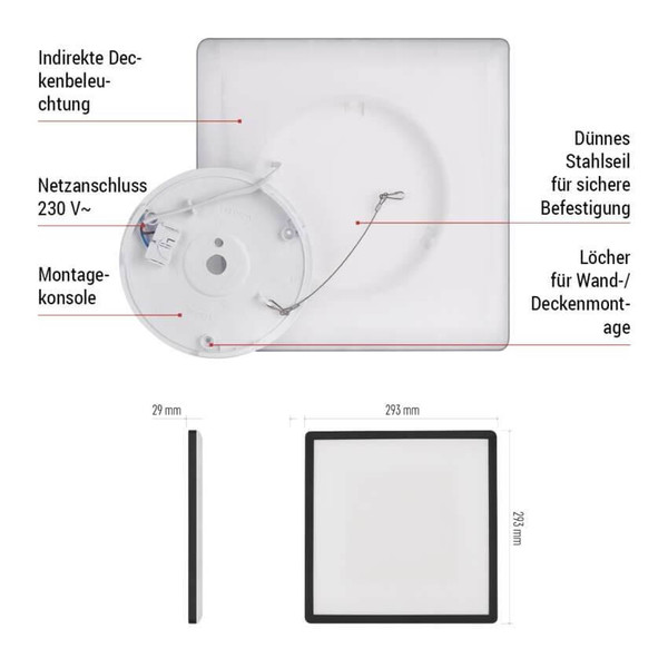 Emos LED Anbauleuchte, Deckenleuchte Flori 18W neutralweiss 4000K Schwarz 29x29cm ZM1406