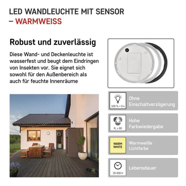Emos LED Wandleuchte Zuri 14W warmweiss 3000K Bewegungsmelder IP54 Schwarz Weiß Ø21,5cm ZM3131