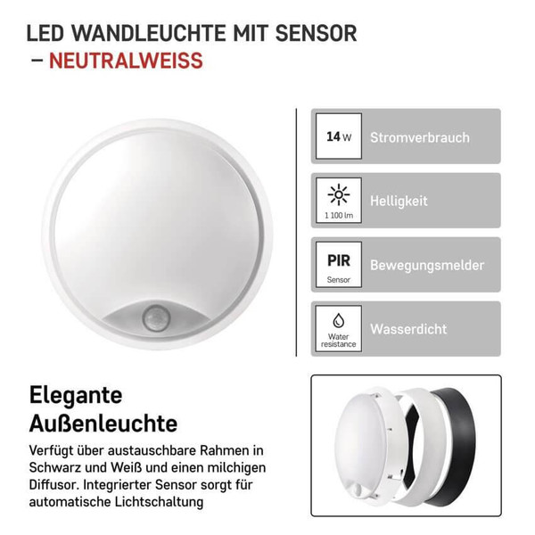 Emos LED Wandleuchte Zuri 14W neutralweiss 4000K Bewegungsmelder IP54 Schwarz Weiß Ø21,5cm ZM3231
