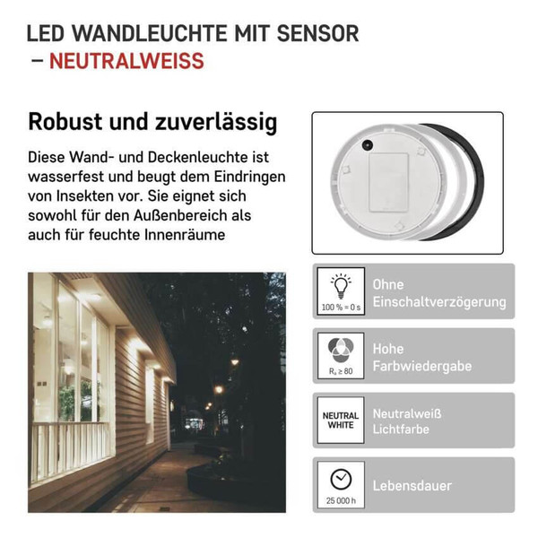 Emos LED Wandleuchte Zuri 14W neutralweiss 4000K Bewegungsmelder IP54 Schwarz Weiß Ø21,5cm ZM3231