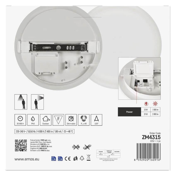 Emos LED Deckenleuchte Dori Evo 24W einstellbar neutralweiss 4000K IP65 Weiß Ø28cm ZM4315