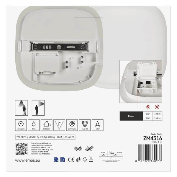 Emos LED Deckenleuchte Dori Evo 24W einstellbar neutralweiss 4000K IP65 Weiß 28x28cm ZM4316