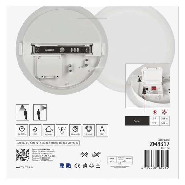 Emos LED Deckenleuchte Dori Evo 24W einstellbar neutralweiss 4000K Bewegungsmelder IP65 Weiß Ø28cm ZM4317