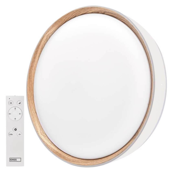 Emos LED Deckenleuchte Ilvi 30W CCT warm-/tageslichtweiss 2700K/6500K dimmbar Fernbedienung Weiß Holz Stahl Ø40cm ZM5114