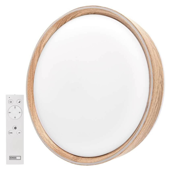 Emos LED Deckenleuchte Ilvi 45W CCT warm-/tageslichtweiss 2700K/6500K dimmbar Fernbedienung Holz Stahl Ø50cm ZM5161