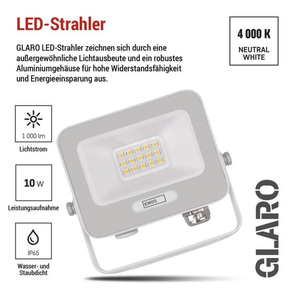 Emos LED Fluter Glaro 10W neutralweiss 4000K IP65 Weiß Aluminium ZS2214W