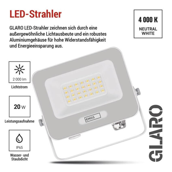 Emos LED Fluter Glaro 20W neutralweiss 4000K IP65 Weiß Aluminium 12x11cm ZS2224W