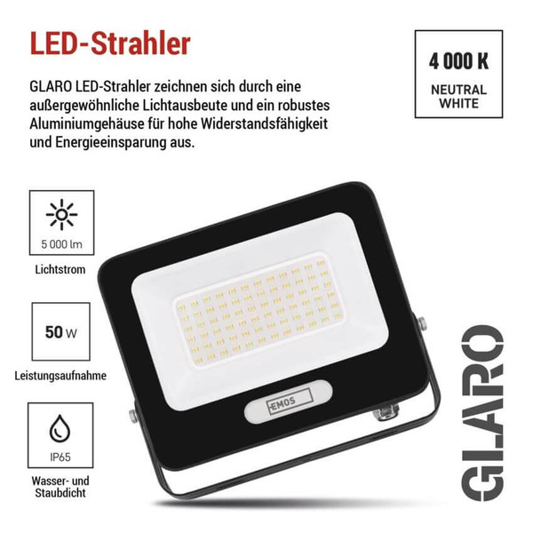 Emos LED Fluter Glaro 50W neutralweiss 4000K IP65 Schwarz Aluminium 19x16,5cm ZS2244B