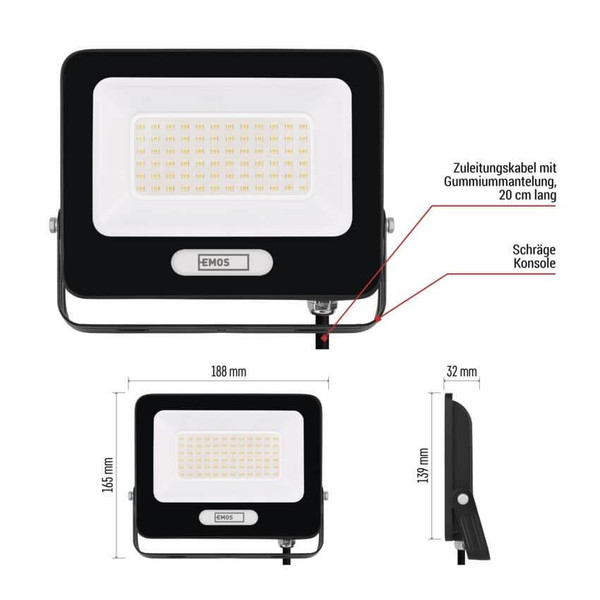 Emos LED Fluter Glaro 50W neutralweiss 4000K IP65 Schwarz Aluminium 19x16,5cm ZS2244B