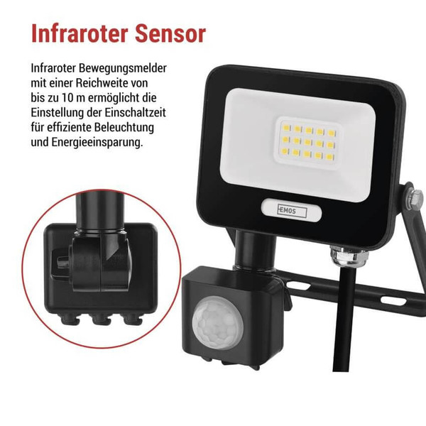 Emos LED Fluter mit Bewegungsmelder Glaro 10W neutralweiss 4000K IP54 Schwarz Aluminium 10,5x13cm ZS2314B