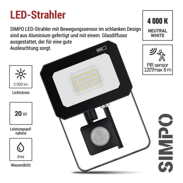 Emos LED Fluter mit Bewegungsmelder Simpo 20W neutralweiss 4000K IP44 Schwarz Aluminium 11x16cm ZS2323