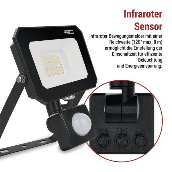 Emos LED Fluter mit Bewegungsmelder Simpo 20W neutralweiss 4000K IP44 Schwarz Aluminium 11x16cm ZS2323
