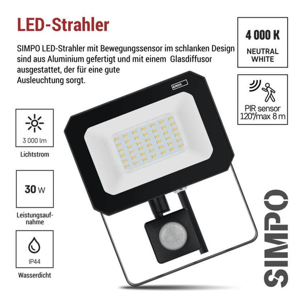 Emos LED Fluter mit Bewegungsmelder Simpo 30W neutralweiss 4000K IP44 Schwarz Aluminium 14x17,5cm ZS2333