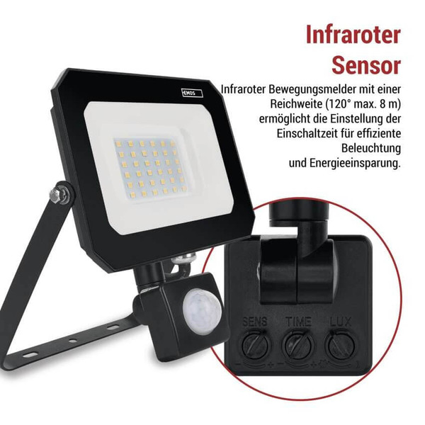 Emos LED Fluter mit Bewegungsmelder Simpo 30W neutralweiss 4000K IP44 Schwarz Aluminium 14x17,5cm ZS2333