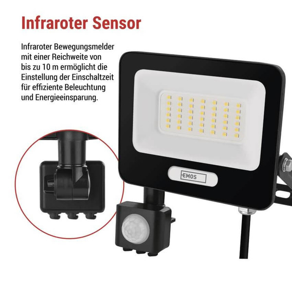 Emos LED Fluter mit Bewegungsmelder Glaro 30W neutralweiss 4000K IP54 Schwarz Aluminium 16x18cm ZS2334B