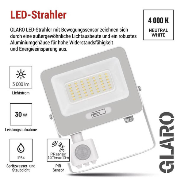 Emos LED Fluter mit Bewegungsmelder Glaro 30W neutralweiss 4000K IP54 Weiß Aluminium 16x18cm ZS2334W