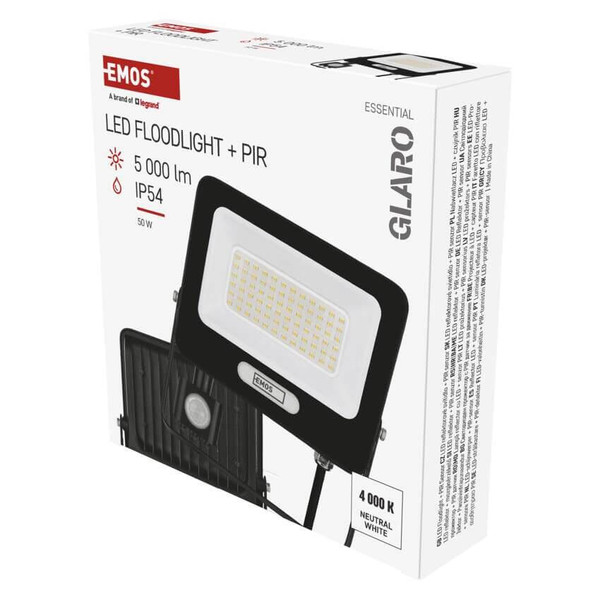 Emos LED Fluter mit Bewegungsmelder Glaro 50W neutralweiss 4000K IP54 Schwarz Aluminium 19x20cm ZS2344B