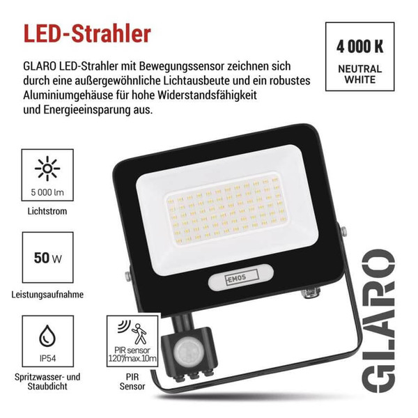 Emos LED Fluter mit Bewegungsmelder Glaro 50W neutralweiss 4000K IP54 Schwarz Aluminium 19x20cm ZS2344B