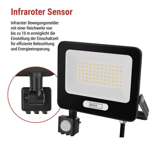 Emos LED Fluter mit Bewegungsmelder Glaro 50W neutralweiss 4000K IP54 Schwarz Aluminium 19x20cm ZS2344B